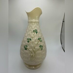 Vintage Belleek BasketWeave Porcelain Vase with Scalloped top and Shamrocks